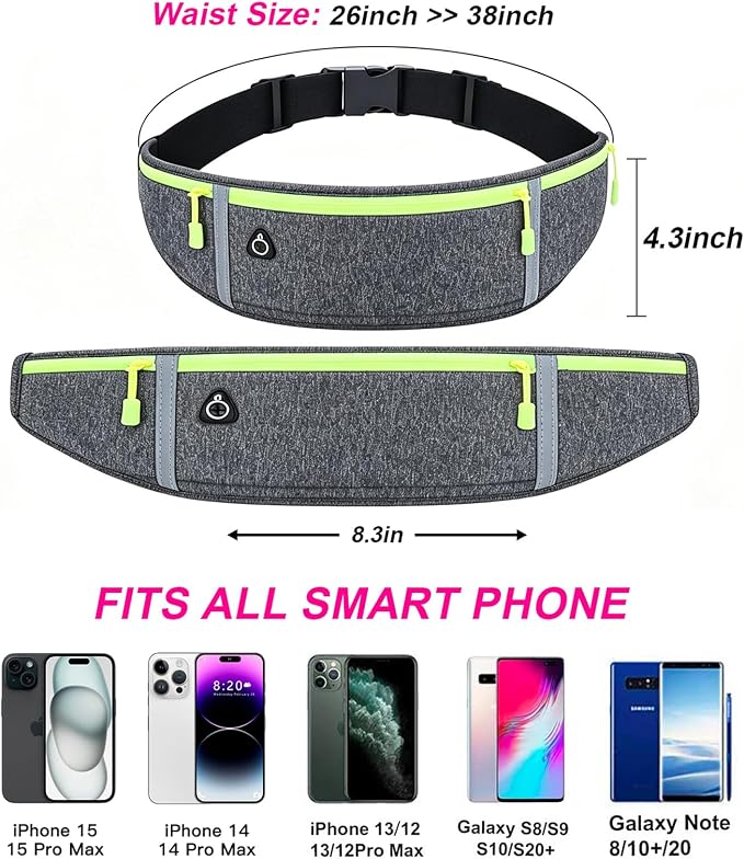 Slim Running Belt for Women Men,Runners Fanny Pack Phone Holder,Money Belt,Running Gear Accessories,with 3 Pockets (Green-flaxen) - Image 2