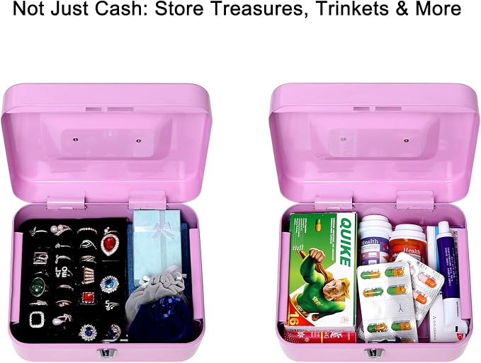 Jssmst Cash Box with Key Lock - Durable Metal Cash Box with Money Tray, Light Purple, Medium - Image 5