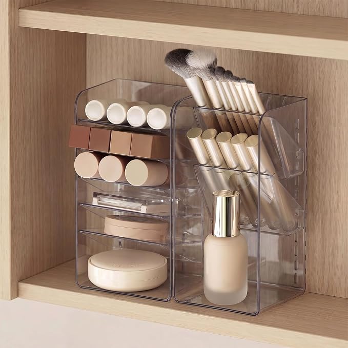 PAVSTINE 2-Pack Medicine Cabinet Organizer with Adjustable Dividers, Clear Vertical Layered Backward Slanting Shelves, Space-Saving, for Makeup Brush/Lip Gloss/Mascara Storage by PAVSTINE