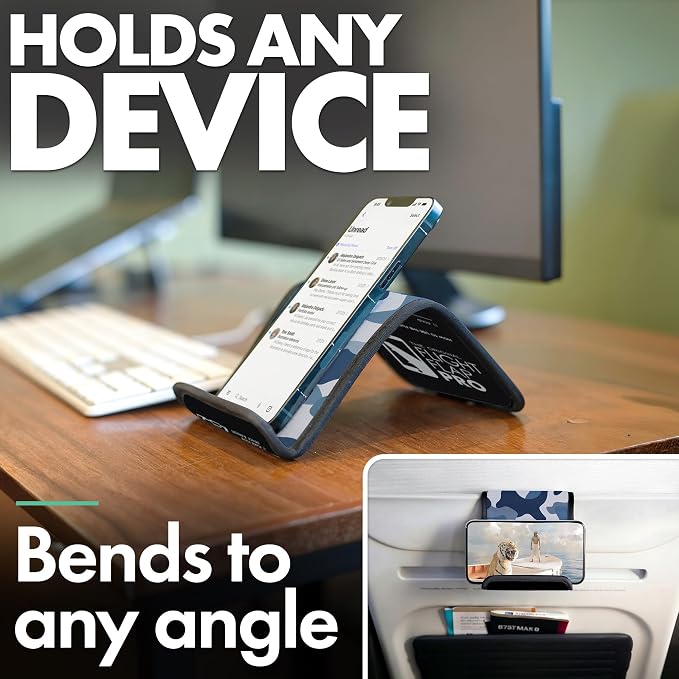 Airplane Phone Holder - Foldable Phone Stand for Plane Travel | Aluminum Build, 9 x 5 in. Blue Camo, Tabletop Mount Desk, Plane Tray Seat back, Treadmill, Fits iPhone Cell Phone - Image 5