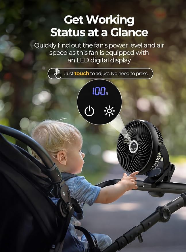 Koonie 8'' 10000mAh Portable Clip on Fan with LED Lantern and Hook | Battery Operated Desk Fan, Quiet Camping Fan with LED Digital Display, 360° Rotation & 3 Speeds for Travel Tent Gym Treadmill - Image 4