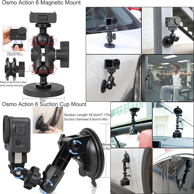 PellKing Accessories Kit for DJI Osmo Action 6,Carrying Case with Belt 135cm Selfie Stick Tripod Waterproof Housing Suction Cup Magnetic Handlebar Mount Qucik Release Clip 4 in 1 Body Mount - Image 5