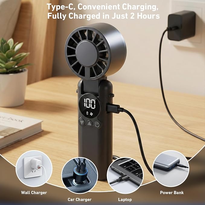AILBTON Portable Handheld Fan, 5000mAh Rechargeable Mini Personal USB Fan with LED Display & Foldable Design, 199-Speed Powerful Battery Operated Travel Fan for Women, Outdoor, Office White - Image 4