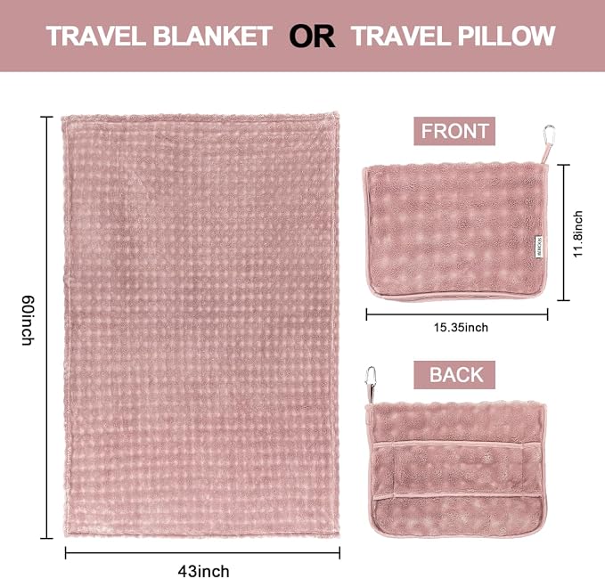 Soft Cozy Travel Blanket for Airplane Train and Car, Dusty Pink | Lightweight, Blanket or Pillow 2 in 1, Compact with Portable Bag Pillowcase, with Luggage Sleeve and Backpack Clip - Image 6