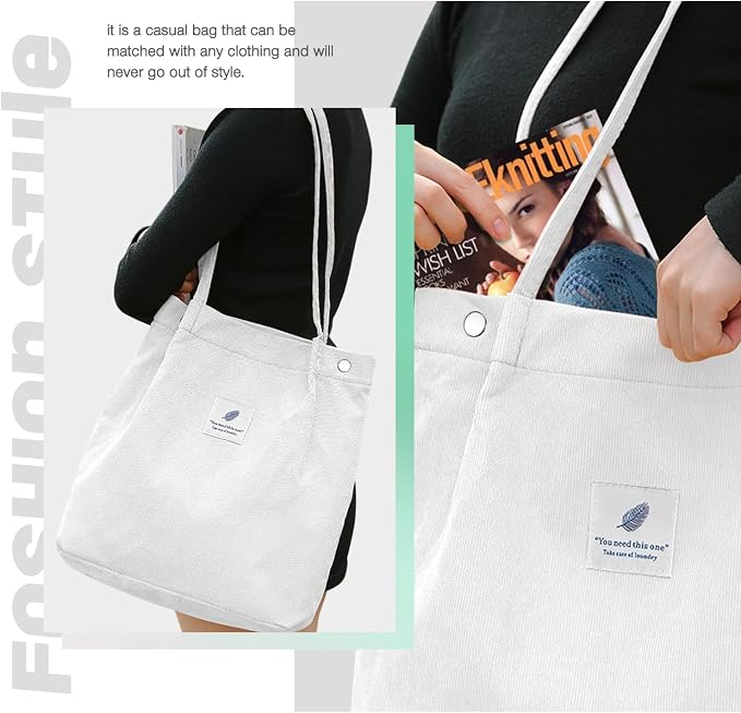 LHMTQVK Corduroy Tote Bags for Women, Large Capacity Tote Purse Reusable Grocery Shoulder Bag with Inner Pockets - Image 6
