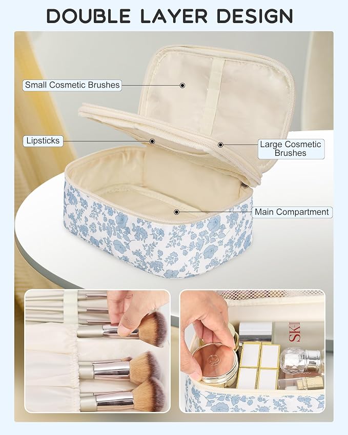 Relavel Travel Makeup Bag, Small Floral Cosmetic Bag with Makeup Brush Compartment, Portable Makeup Pouch for Women, Double Layer Makeup Organizer Bag Cute Toiletry Bag - Image 3