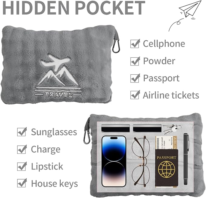 Travel Blanket and Pillow-2-in-1, Ultra-Soft&Compact,Airplane Blanket with Hand Luggage Belt and Backpack Clip,Travelers Accessories Gifts, 61x43 Inches（Gray） - Image 7