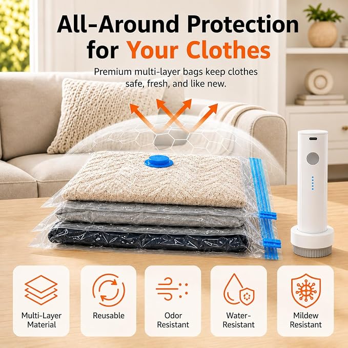 12 Pack Vacuum Bags for Travel with Rechargeable Pump, Save Luggage Space | Transparent Bag Design for Easy Clothing Organization, 1500mAh USB-C Wireless Pump, Ideal for Suitcases, Backpacks, Wardrobes - Image 8