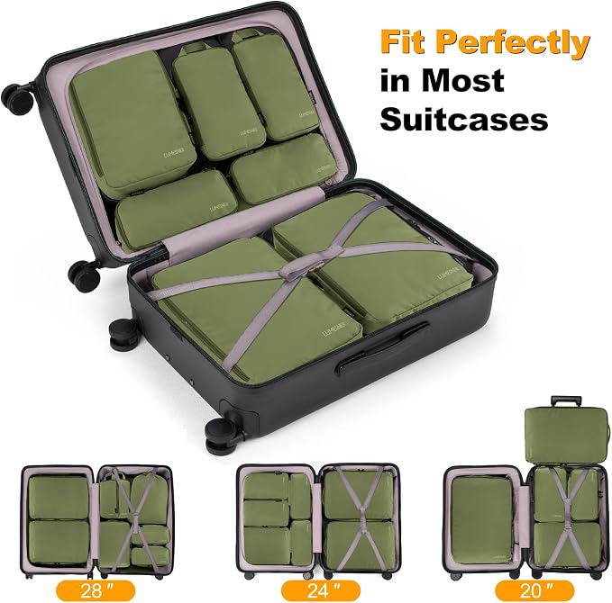 Compression Packing Cubes, Lumesner 8 Set Travel Packing Cubes for Carry on Suitcases, Compression Suitcase Organizers Bag Set & Travel Cubes (Army green, 8-piece) - Image 3