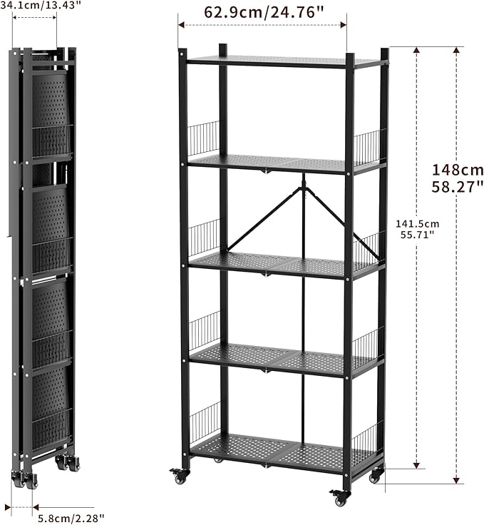 Heavy Duty Folding Shelves No Assembly, 5 Tier Metal Foldable Storage Shelves with Wheels, 220LBS Per Shelf Collapsible Rack for Garage Storage, Black - Image 2