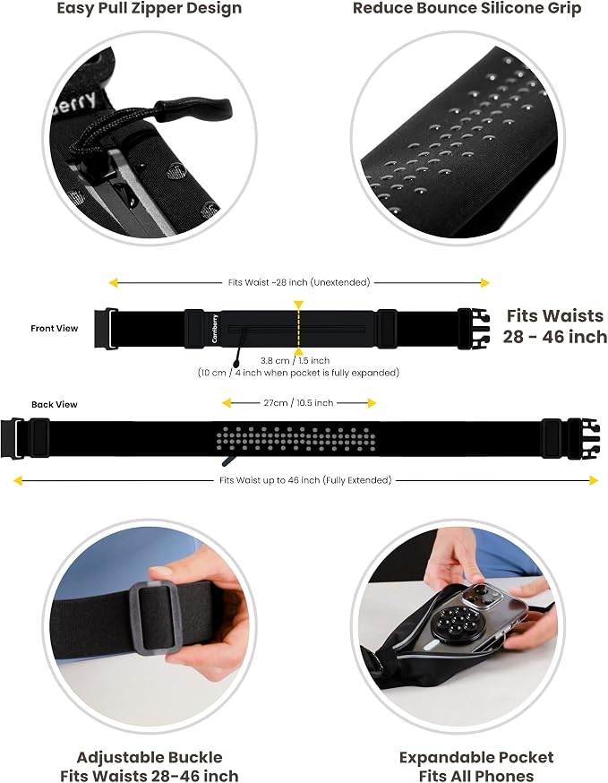 Slim Running Belt - Single Pocket Waterproof Phone Pouch | Expandable Pocket; Reflective Pull Zippers; Bounce Reduction Technology; Adjustable elastic waistband; For Phones & Keys - Image 5