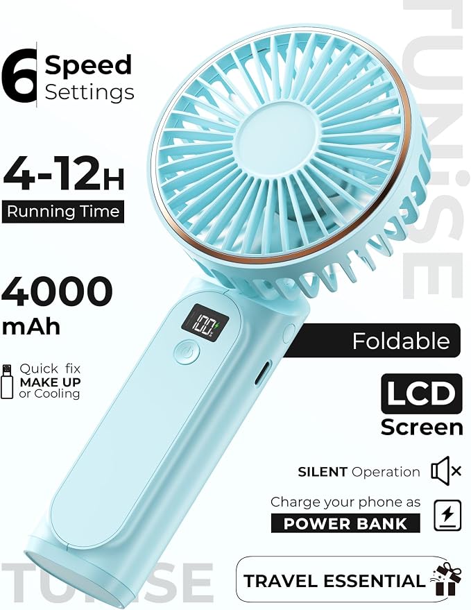 TUNISE Portable Handheld Fan, 4000mAh, 180 Adjustable, 6 Speed Wind, USB Rechargeable Foldable Fan with Real-Time Electricity Display - Image 2
