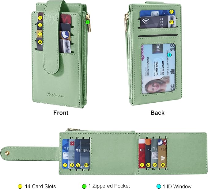 Chelmon Women's RFID Slim Card Holder Wallet | Thin Bifold Multi Card Case with Zipper Coin Pocket Purse for Women(Light Green) - Image 4