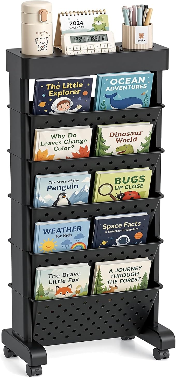 BYFU 6-Tier Rolling Bookshelf Cart, Black | Movable with Wheels, File Paper Storage Organizer, For Home Office Study Classroom by BYFU-livingasimplelife