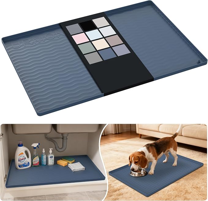 URMONA Waterproof Silicone Under Sink Mat 28'' x 19'' Shelf Liner for Kitchen and Bathroom, Cabinet and Counter Protector, Storage and Organizers, Litter Mat, Pet Cat Puppy Essentials(Light Grey) by URMONA