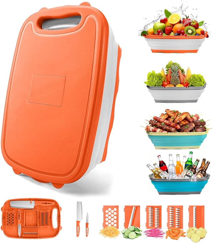 Gintan Camping Cutting Board, 9-in-1 Collapsible Chopping Board with Colander, Kitchen Vegetable Washing Basket for Camping, Camping Gifts Camping Accessories for RV Campers (orange) by Gintan