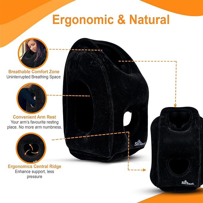 Inflatable Travel Pillow - Airplane Pillow for Neck Support on Long Flights, Buses, Cars, Office & Trains - Comes with Eye Mask, Earplugs & Portable Drawstring Bag - Black - Image 5