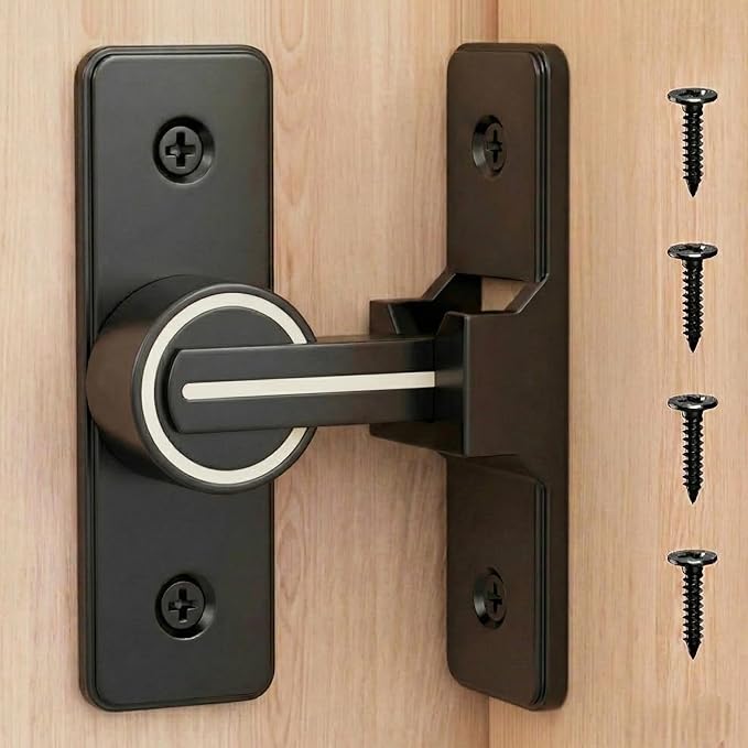 Barn Door Lock Latch – 90-Degree Barn Pet Baby Door Latch Slide Lock – Home Security Door Lock for Bathroom, Garage, Bedroom, Cabinet, Barn – Durable Zinc Alloy Security Door Lock (Black-Luminous) by RETRIN