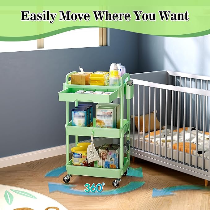 SUNALLY 3 Tier Rolling Cart with Drawer, Craft Storage Cart Organizer,Green | Bathroom Storage Organizer with 2 Lockable Wheels, Rolling Utility Cart for Kitchen, Office, Baby, Makeup, Nail,Snack,Laundry - Image 4