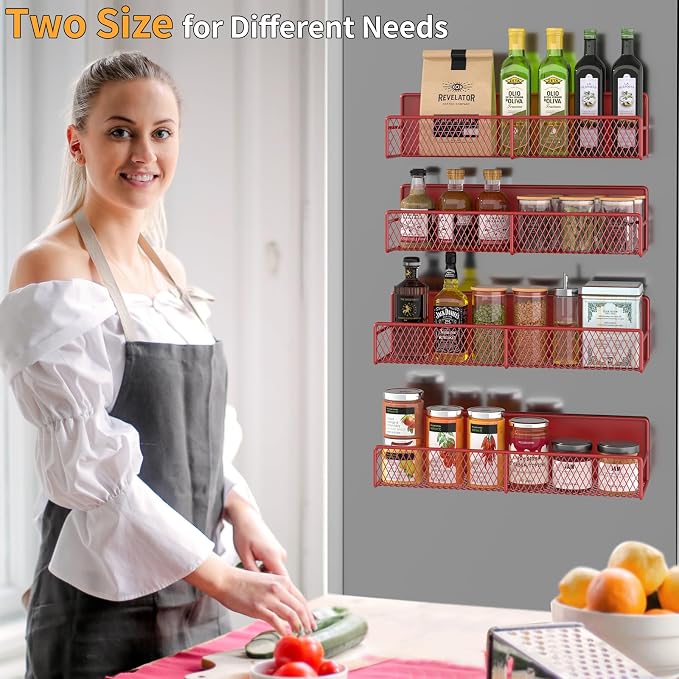 DTUQYX Magnetic Spice Rack for Refrigerator, 4 Pack 100% Metal Strong Magnet Fridge Shelves, Space Saving Spice Organizer, No Drilling Moveable Home Kitchen Laundry Room Storage Organization, Red - Image 5