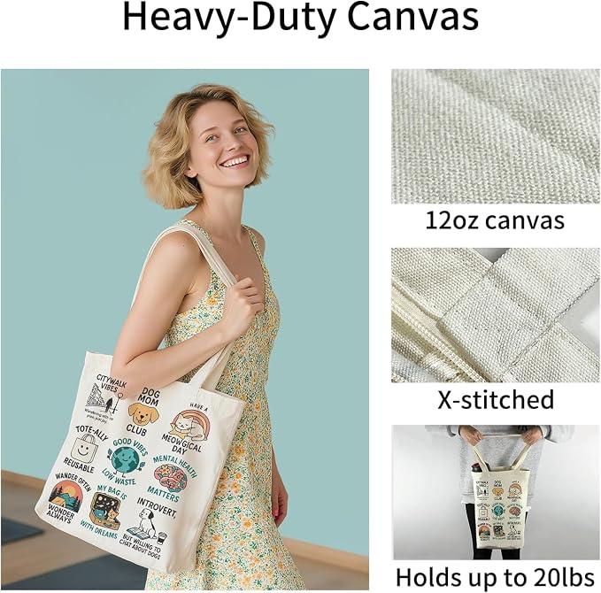 itgowisa Canvas Tote Bag for Women, Tote Bag with Zipper Inner Pocket, Zippered Canvas Bag for Shopping Work Grocery Everyday - Image 2