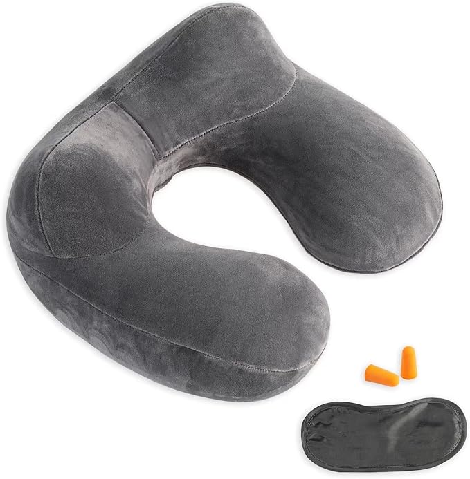 Inflatable Travel Pillow, Neck Pillow Support for Traveling, Airplanes, Cars, and Offices with Compact Carrying Bag, Soft Velvet Washable Cover, Ideal for Adult Sleepers (Grey) by Makimoo