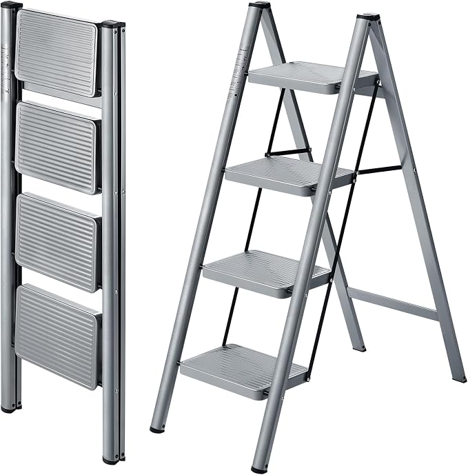 4 Step Ladder, Steel Folding Step Stool with 330lbs Heavy Duty | Anti-Slip Wide Pedals | 1.9" Slim Fold | Ideal for High Ceiling, Garage Storage, Window Cleaning & Hanging Curtains by XinSunho