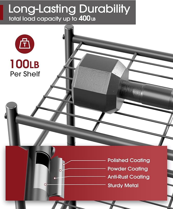Sakugi Storage Shelves - 4 Tier Shelf Organizer, Sturdy Metal Garage Shelving with Adjustable Leveling Feet, Space-Saving Shelves Organizer for Pantry, Laundry, Kitchen (18" x 12" x 44", Black) - Image 3