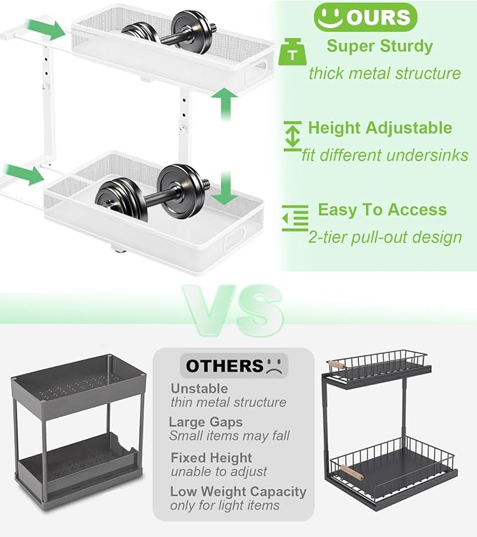 Under Sink Organizer 2 Pack, High Adjustable 2 Tier Under Sink Organizers and Storage, Slide out Metal Cabinet Organizers, Pull out Storage Drawer Shelf for Kitchen Bathroom Cabinet (White) - Image 2