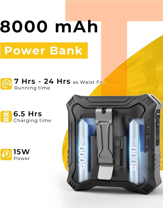 TUNISE Portable Fan with 5-Speed Settings, Dual-Sided Clip on Wearable Belt Waist Fan for 8000mAh, 2 Settings including Flashlight,Travel Essential for Outdoor Camping as Power Bank - Image 2