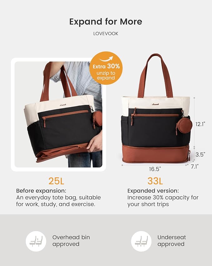 LOVEVOOK Tote Bag for Women, Expandable Laptop Work Bag 15.6 Inch, 33L Large Travel Handbag with 40oz Tumbler Holder, TSA - Image 3