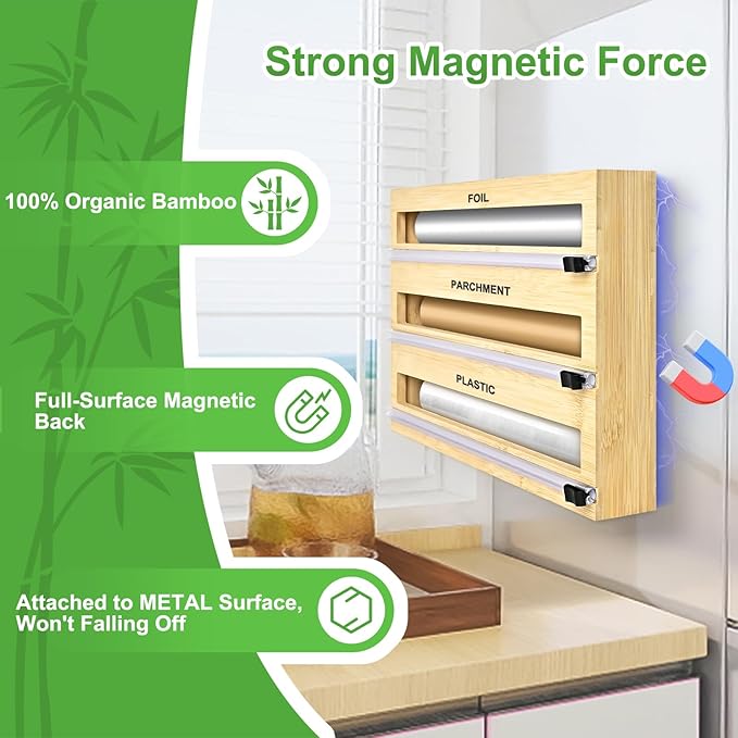 MSJGA Magnetic Plastic Wrap Dispenser with Cutter for Drawer&Refrigerator | 3 in 1 Fridge Bamboo Organizer for Tin Foil, Baking Paper, Wax Paper Holder Kitchen Storage Box Compatible,13" x 8.2" x 2.7" - Image 2
