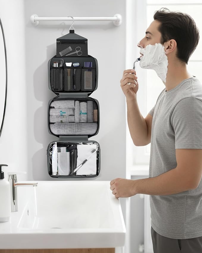 Maliton Toiletry Bag for Men & Women Travel Toiletry Bag Hanging Toiletry Bag Hygiene Organizer with 4 Compartments Waterproof Bathroom Shower Bag Large Toiletries Travel Bag (Gray) - Image 7