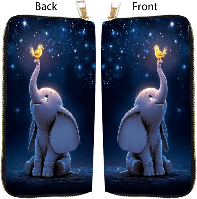 Women's RFID Blocking PU Leather Zip-Around Wallet, Large Capacity Clutch with Phone Holder, Travel Purse & Card Organizer with Removable Wristlet,Starry Sky Elephant Bird - Image 5