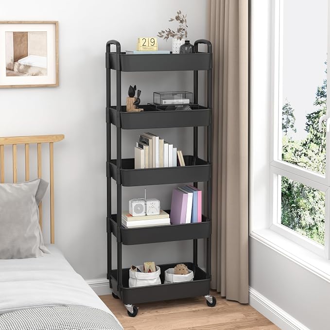 Sywhitta 5-Tier Plastic Rolling Utility Cart with Wheels,Black | Multi-Functional Storage Trolley, for Office, Living Room, Kitchen, Bathroom,Movable Organizer,Space-Saving,Easy to assemble - Image 6