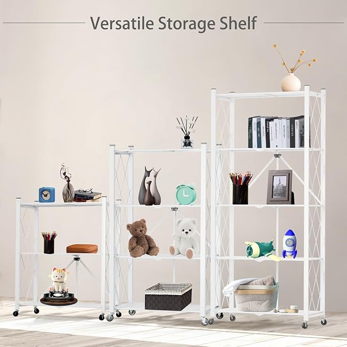 3 Tier Foldable Storage Shelf with Wheels Heavy Duty Garage Shelving | Unit Loads 550 LBS, Metal Steel Collapsible Shelves, Rolling Standing Utility Rack for Kitchen, Pantry, Office, White - Image 4