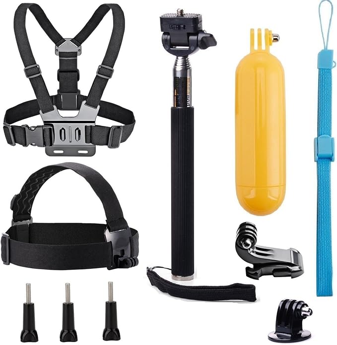 Universal Action Camera Accessories Bundle Head Chest Strap Mount/Selfie Stick/Floating Hand Grip Compatible with Dragon Touch/AKASO EK7000 Brave 4 5 6 7 LE V50X/GoPro Hero 13 12 11 10 9 8 7 by VVHOOY