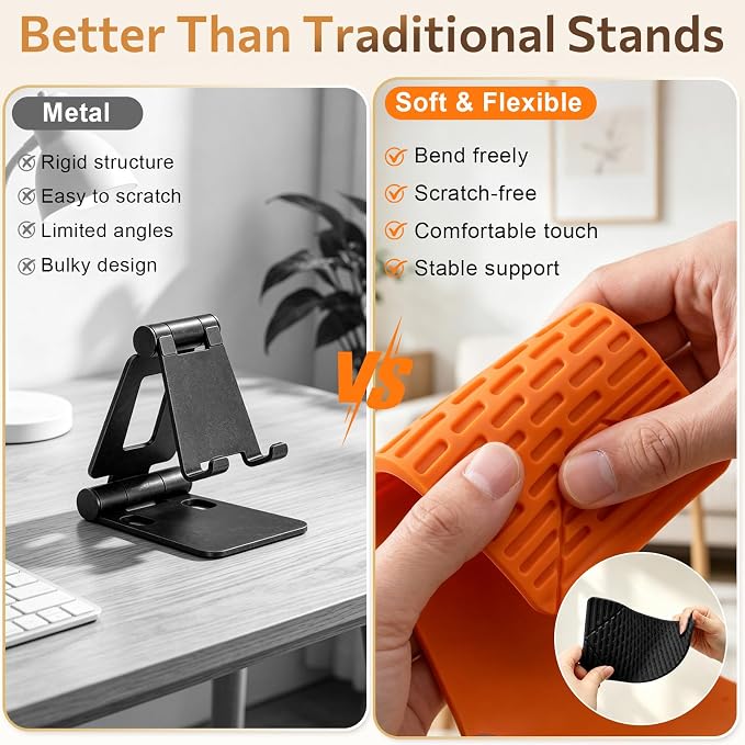 2 Pcs Flexible Silicone Phone Stand with Aluminum Core, Foldable Silicone Phone Holder for Cell Phones, Tablets & Small Devices, Adjustable Desktop & Airplane Phone Holder for Travel, Office & Home - Image 4
