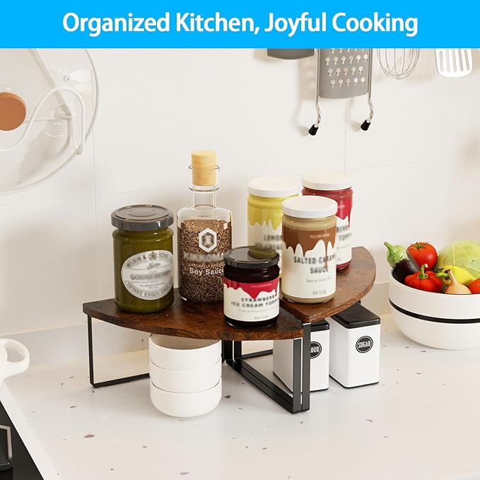Golener Kitchen Corner Shelf, Corner Spice Rack, Counter Shelf, Stackable | Kitchen Counter Organizer, Plate Organizer for Cabinet, 2-Tier Corner Countertop Shelf, Corner Desk Shelf, Rustic Brown - Image 2