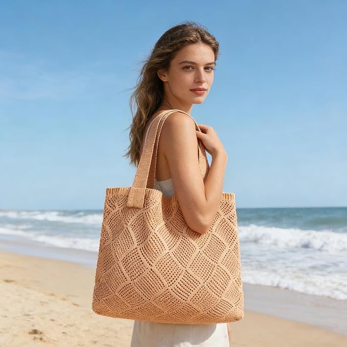 COOKOOKY Crochet Beach Tote bag Summer Beach Bag for Women Aesthetic Mesh Tote Bag Hippie Bag Knit Bag - Image 2