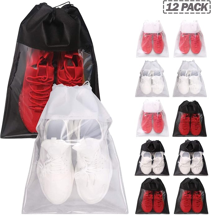 12 Pack Portable Shoe Bags for Travel Large Shoes Pouch Storage Organizer Clear Window with Drawstring for Men and Women 6 Black 6 White - Image 7