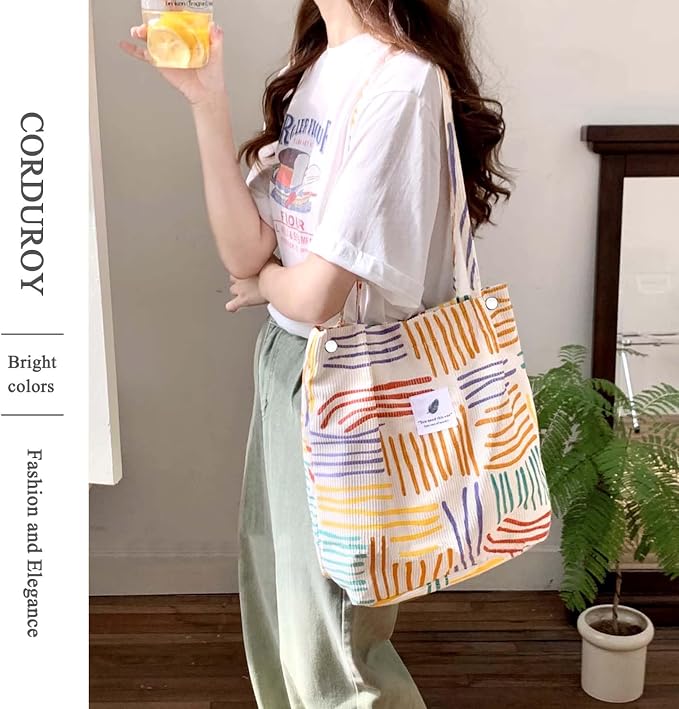 LHMTQVK Corduroy Tote Bags for Women, Large Capacity Tote Purse Reusable Grocery Shoulder Bag with Inner Pockets - Image 5