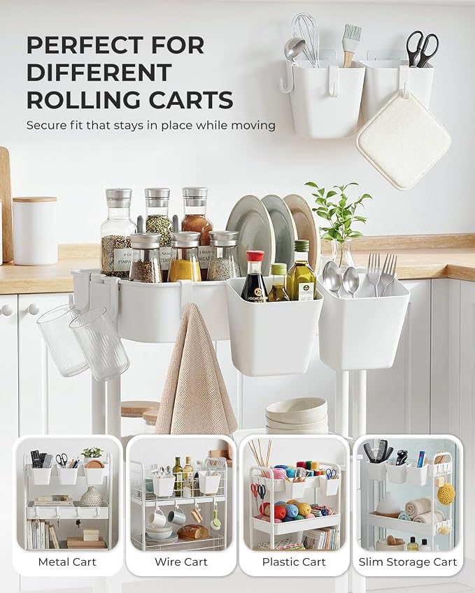 6 Pack Rolling Cart Accessories, White Craft Cart Cup Holder and 8 Hooks for Utility Carts Accessories, Adhesive Kitchen Cabinet Door Storage, Space-Saving Wall Mount Organizer for Bathroom, Office - Image 3