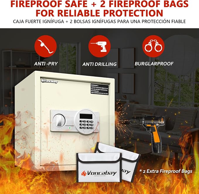 Voncabay Money Safe Box for Home with Digital Keypad, 1.5 Cu. Ft., White | Alloy Steel, 2 Fireproof Bags, Digital Keypad with Display, Removable Shelf, Alarm System, 14 x 13 x 13 In. - Image 4