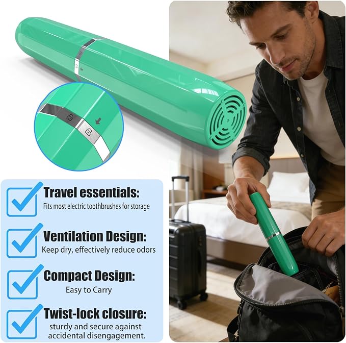 Long Ventilated Electric Toothbrush Travel Case, Portable Holder, Fits Most Standard Straight Electric Toothbrushes (Green) - Image 3