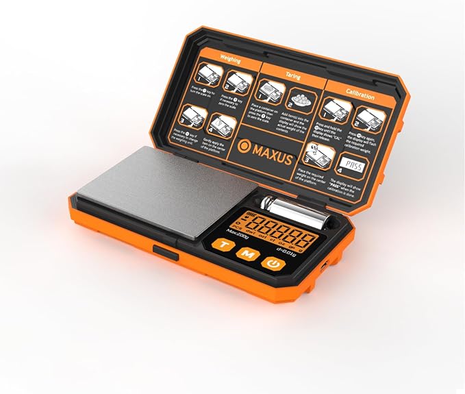 Pocket Scale, 200g x 0.01g, with 50g Calibration Weight and USB Cable | Digital Gram Scale, 6 Units, Backlit LCD, Stainless Steel Platform, Rubber Edges, for Jewelry, Coins, Powders, Food or Gems by Maxusprecisionscale