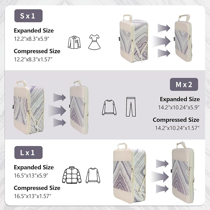 Compression Packing Cubes for Travel Essential, 4 Set Compression Bags for Travel Packing Organizer, Expandable Compression Cubes for Travel, Standard, Marble Pattern - Image 2