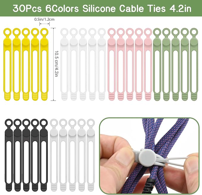 30Pcs Reusable Silicone Cable Ties 4.2in Wire Organizers for Cords, Charging Cables, USB Data Cables Electrical Cord Management 6Colors - Image 2