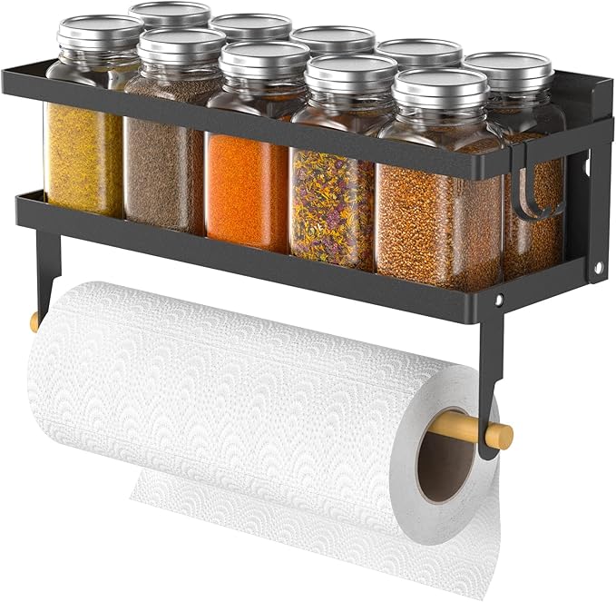 Spice Rack Magnetic Shelf, Foldable Refrigerator Magnetic Spice Holder, Wall Mounted Seasoning Organizer Hanging Spice Storage Stand with Paper Towel Holder Roll & Hooks by ARVINKEY