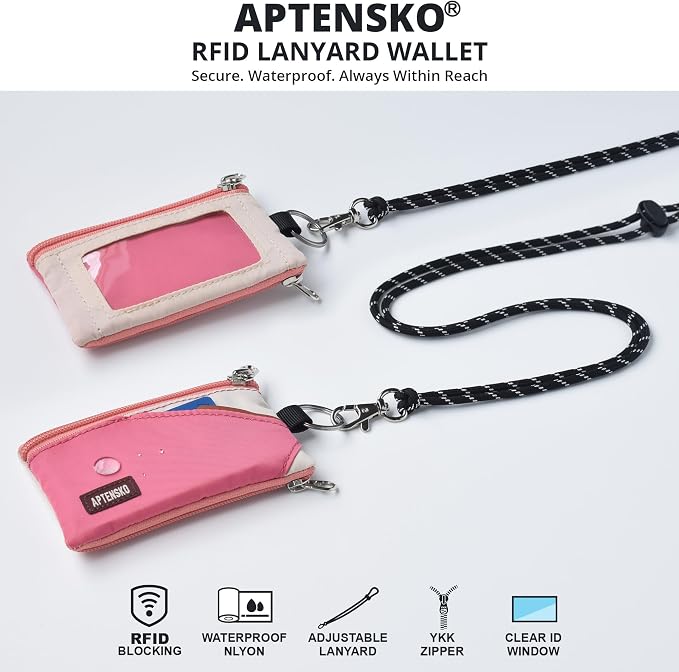 RFID Blocking Travel Wallet with Adjustable Lanyard, Small Nylon Zipper Pouch and Badge Holder for ID, Credit Cards, Cash, Keys, Commuters (Pink+Almond) - Image 2